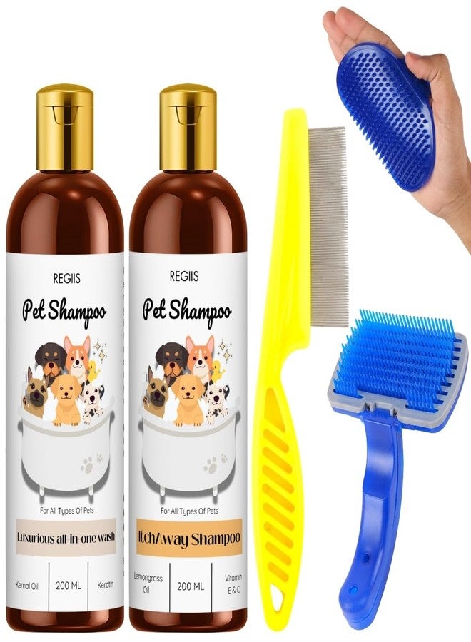 مجموعة شامبو الحيوانات الأليفة من ريجيس مع أدوات العناية، زجاجتان سعة 200 مل، تركيبة متكاملة للغسل وإزالة الحكة، تتضمن فرشاة ومشط للكلاب (عبوة من 5 قطع) - Image 1